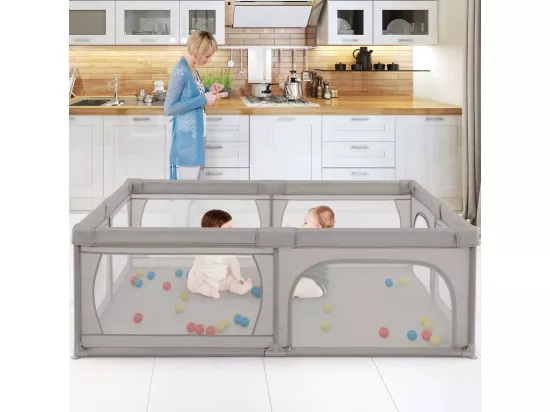 Parc pour Bébé avec 50 Balles Océaniques, Centre d'Activités avec Base Antidérapante, Maille Respirante, et Porte à Fermeture Eclair, 206×147×68,5CM (Gris Clair)