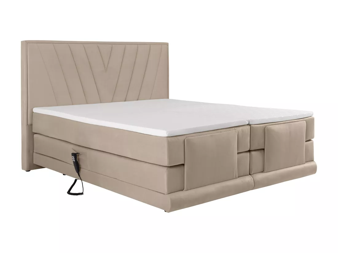 Ensemble complet boxspring tête de lit + sommiers relaxation électrique + matelas + surmatelas - 2 x 90 x 200 cm - Velours - Beige - LUMONI de YSMÉE