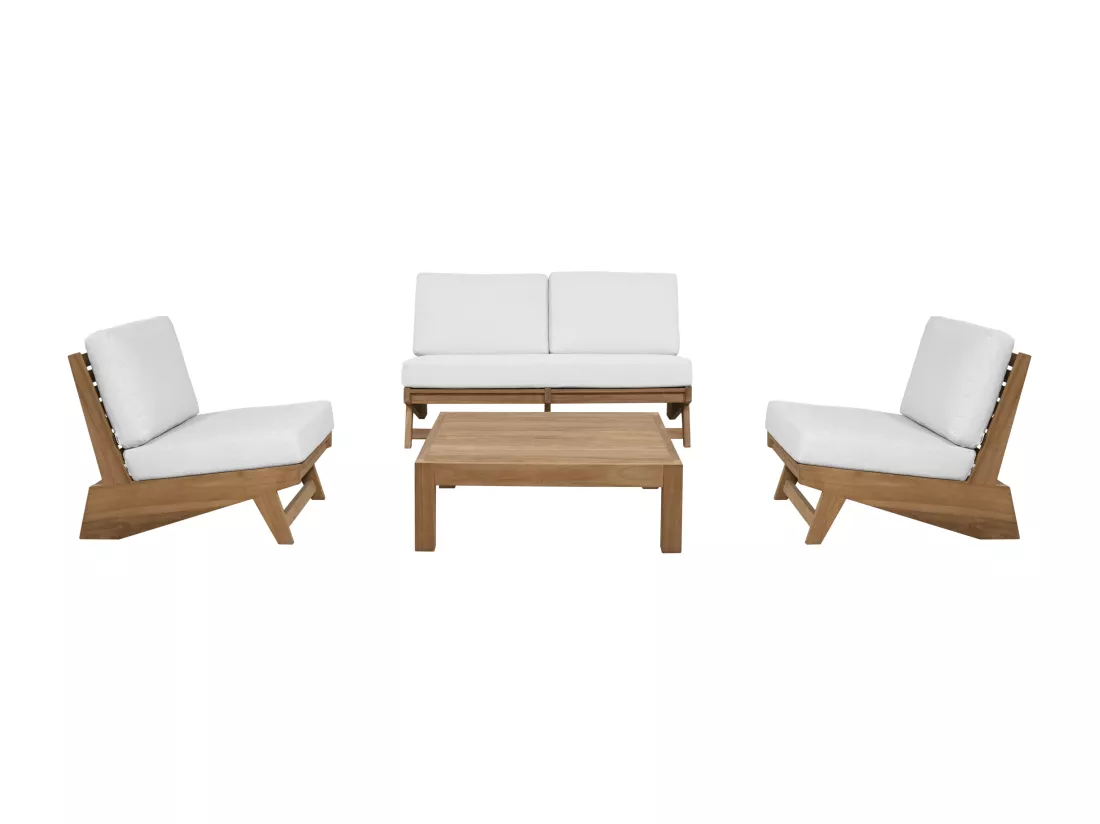 Salon de jardin en teck : un canapé 2 places, 2 fauteuils et une table basse - Naturel clair et blanc - LOMANIS de MYLIA