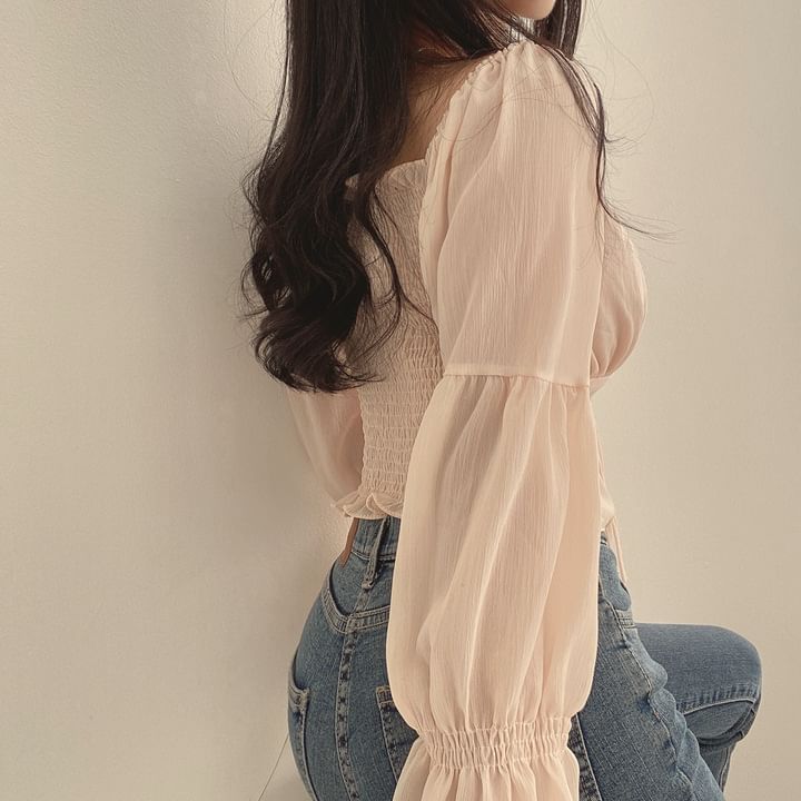 Kira Kira - Blouse met geplooide mouwen en vierkante hals, effen kleur en strik aan de voorkant