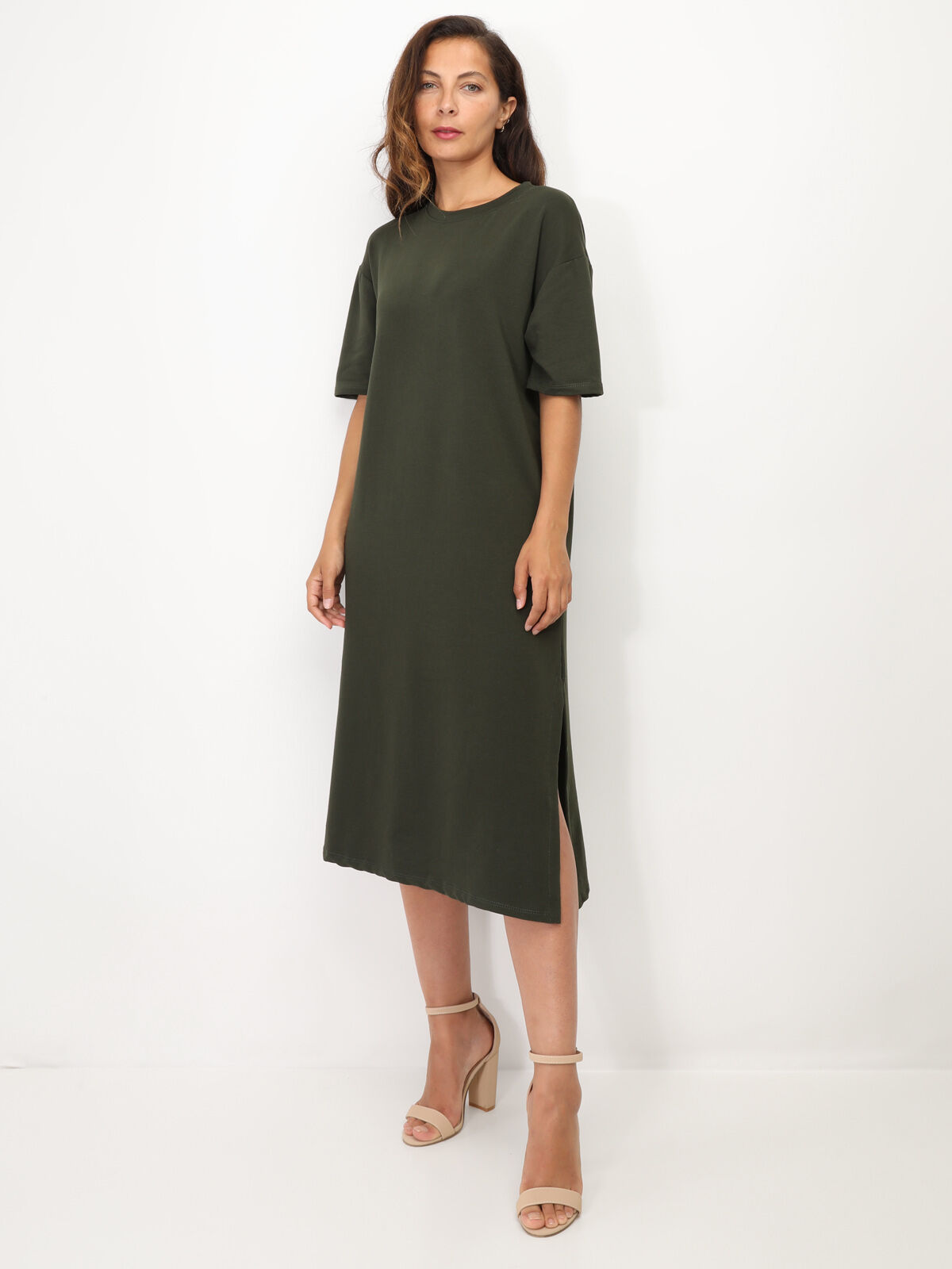 Robe T-shirt à fentes- Kaki