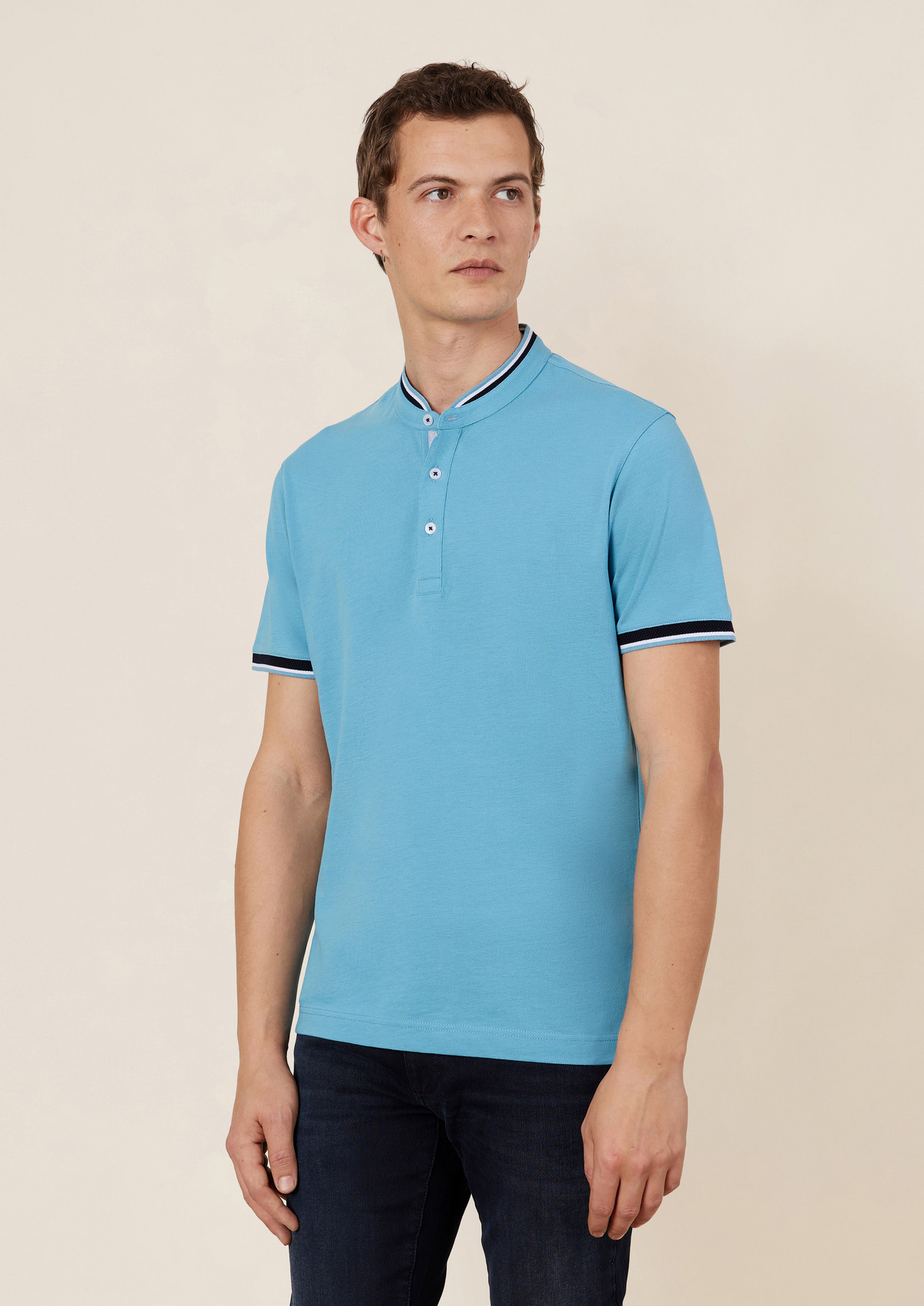 Polo manches courtes Slim en coton uni bleu turquin à col officier