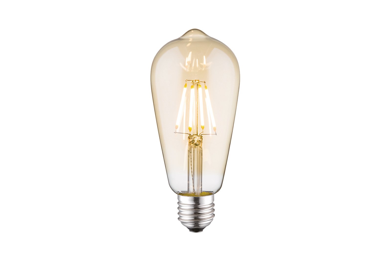 Edison LED-dekorpære E27 Gyllent glass med E27-sokkel og skrå glødetråder med varmhvitt lys. Dimbar. 320lm.\n