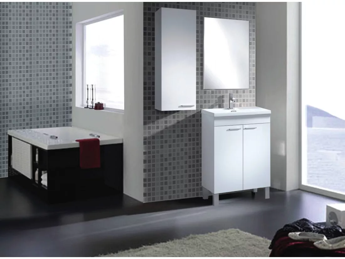 Armoire murale Dmonald, Armoire colonne de salle de bain avec 1 porte, Armoire murale suspendue avec 1 étagère, 30x25h85 cm, Blanc brillant