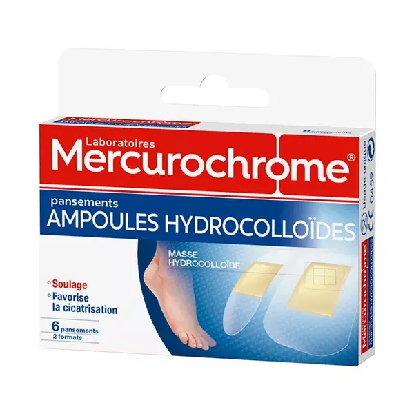 Curativos hidrocoloides de mercurocromo em ampolas, 2 tamanhos, caixa com 6 unidades.