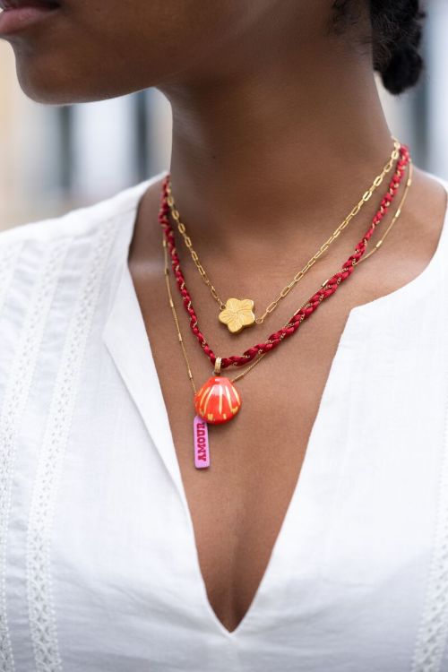 Art rode gevlochten koord ketting met schelp