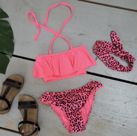 Leopard bikini & Headband - neon roze