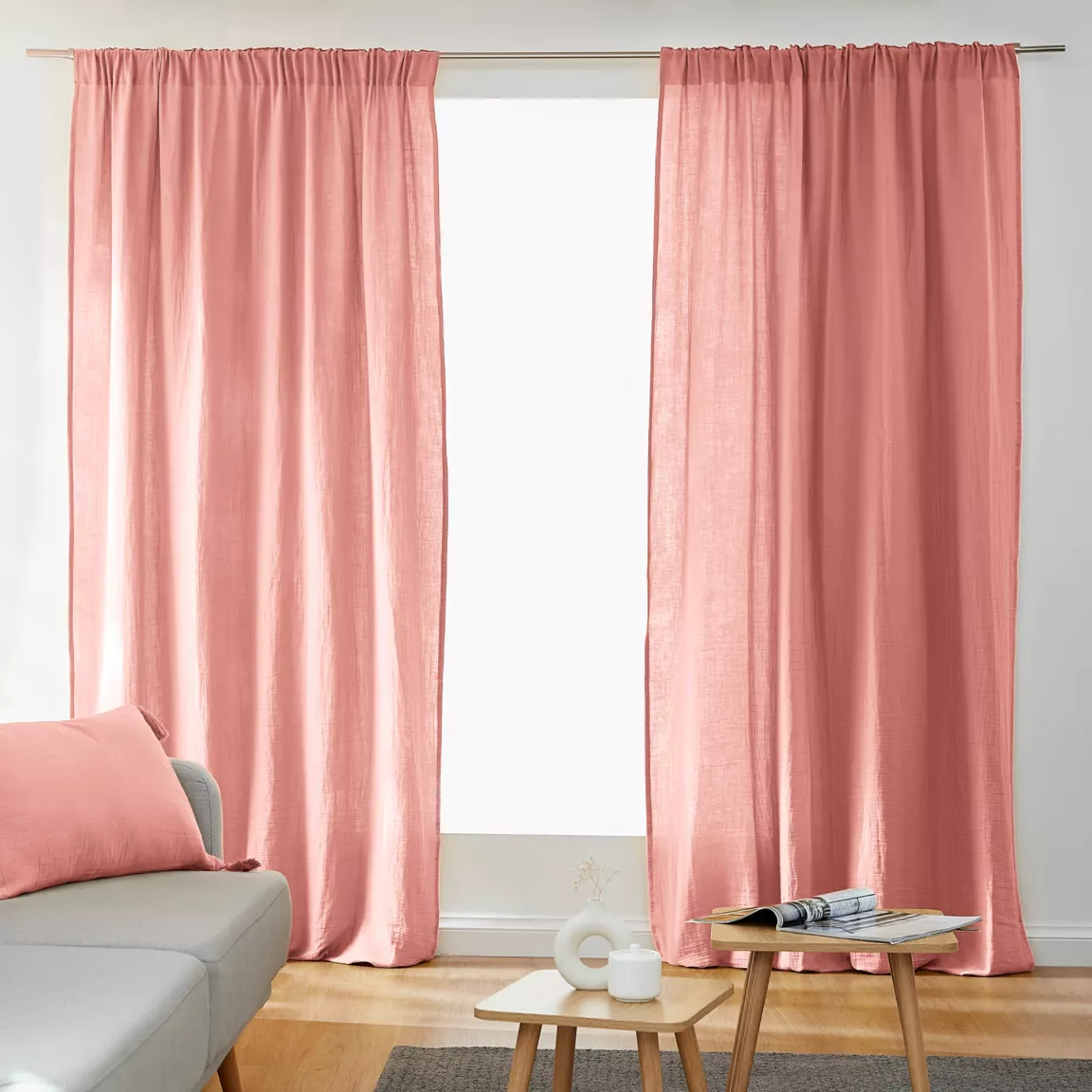 Rideau gaze de coton galon fronceur (180 x 240 cm) Gaïa Rose pêche