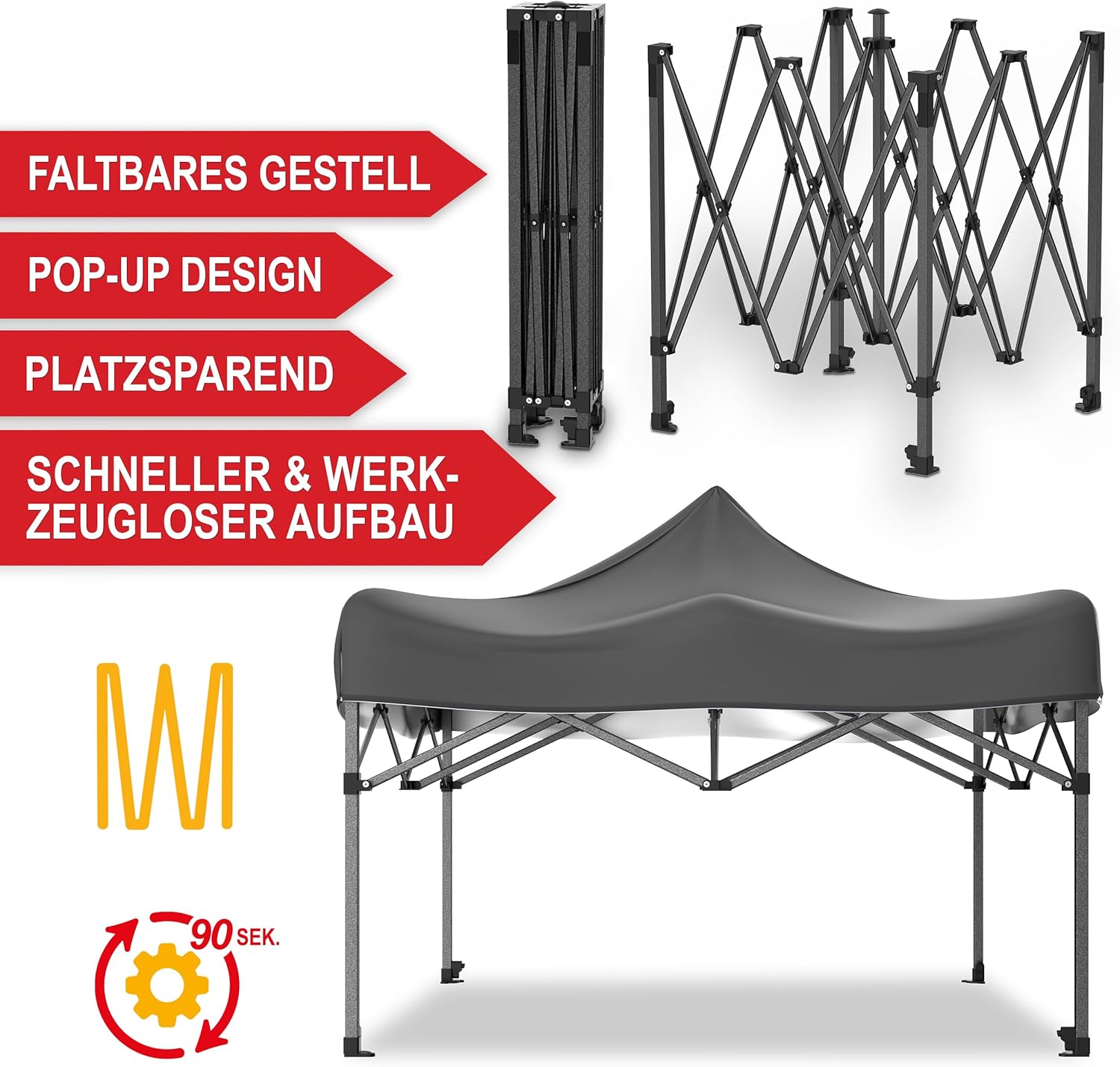 Pavillon – 3x3m – Großer Eingang - Wasserdicht – Pop up Gestell – Seitenwänden mit 3x3 Fenstern – Zusätzlich mit Tasche – Faltbarer Outdoor Pavillon Faltpavillon (Grau)