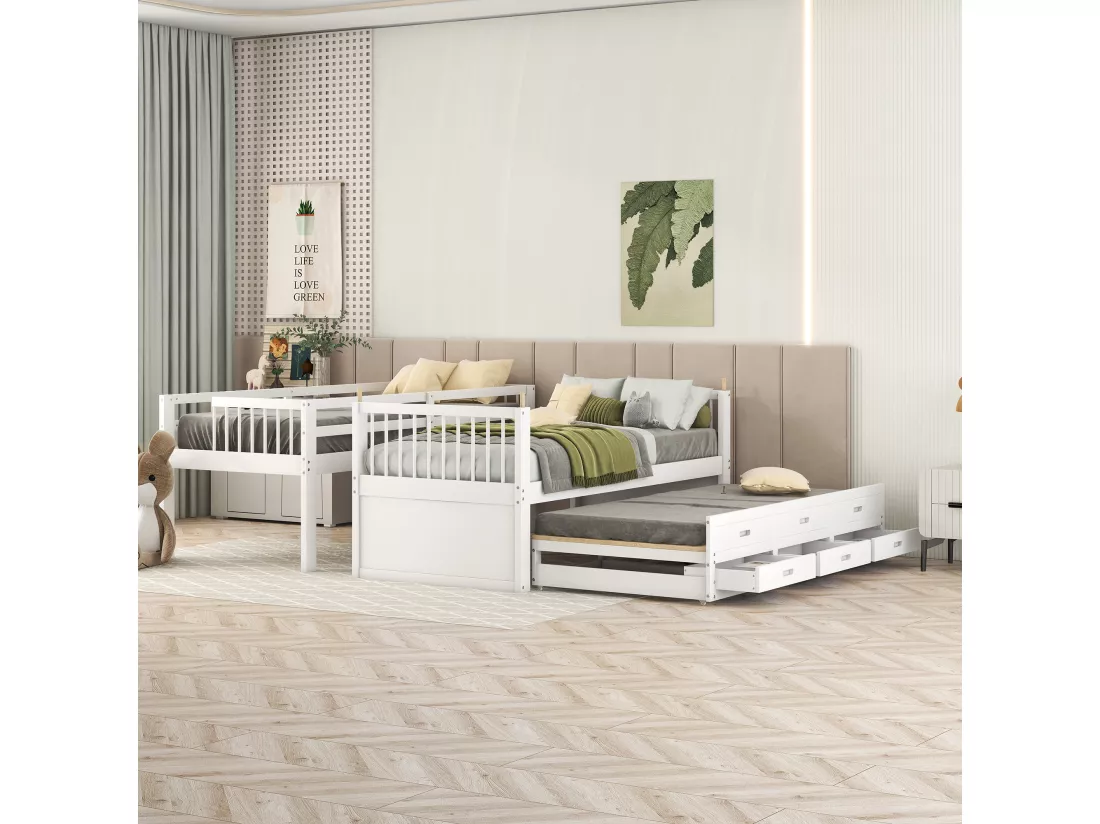 Lit superposé 90x200cm - avec lit gigogne et 3 tiroirs - en bois de pin massif et MDF - Blanc