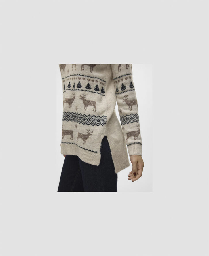 Vero Moda VMDEERS LS O-NECK H/L LONG PULL. XM Birch/w. brown lentil black