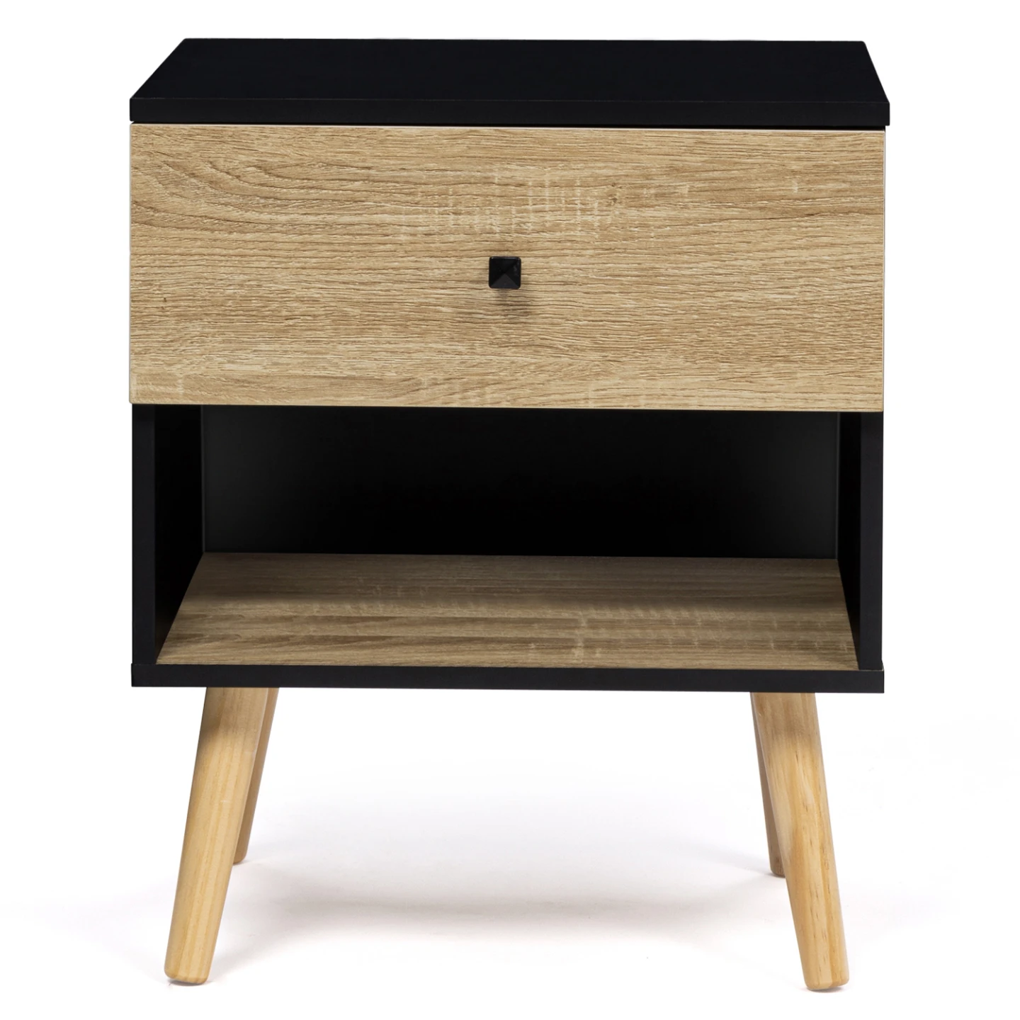 Lot de 2 tables de chevet EMMIE scandinaves 1 tiroir avec niche noir et hêtre