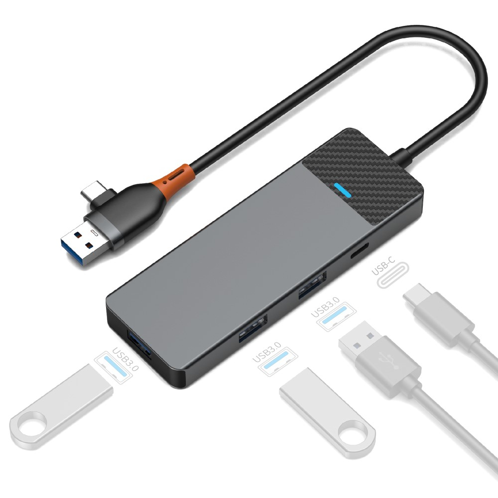 USB A / 90° Grad Dual Stecker USB C Multiport Adapter mit 3x USB 3.0 / 1x USB C - Grau