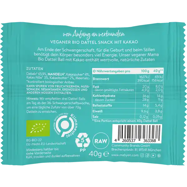 Veganer Bio Dattel Ball Snack, auch für unterwegs. Geeignet für Schwangere in der Spätschwangerschaf