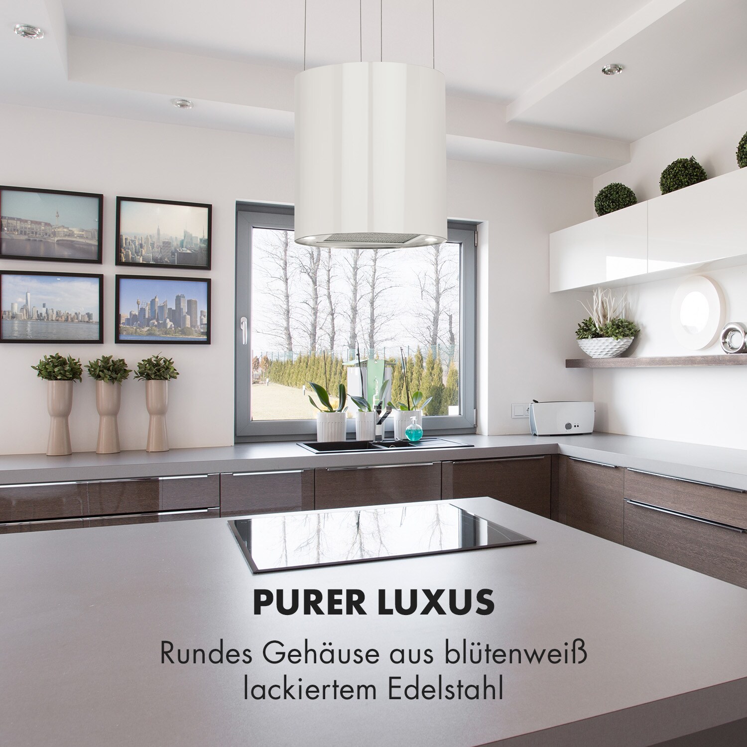 Barett Inselabzugshaube Ø35cm Umluft 558 m³/h LED Aktivkohlefilter Weiß