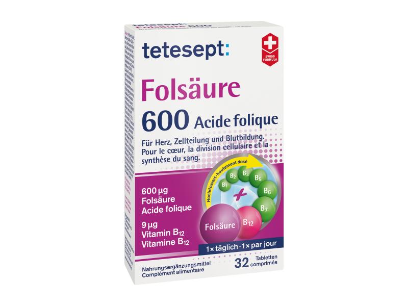 tetesept Folsäure 600 32 Tabletten Vegane Nahrungsergänzung mit Folsäure und Vitamin B-Komplex