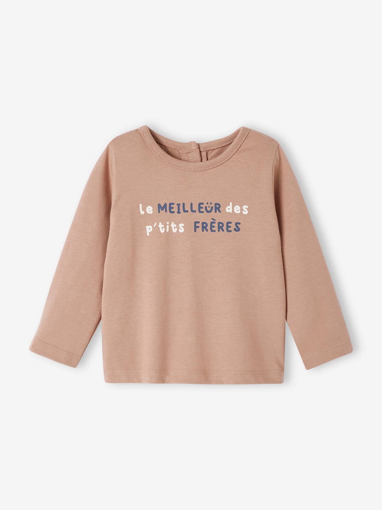 Camiseta bege de manga comprida com mensagem para bebê
