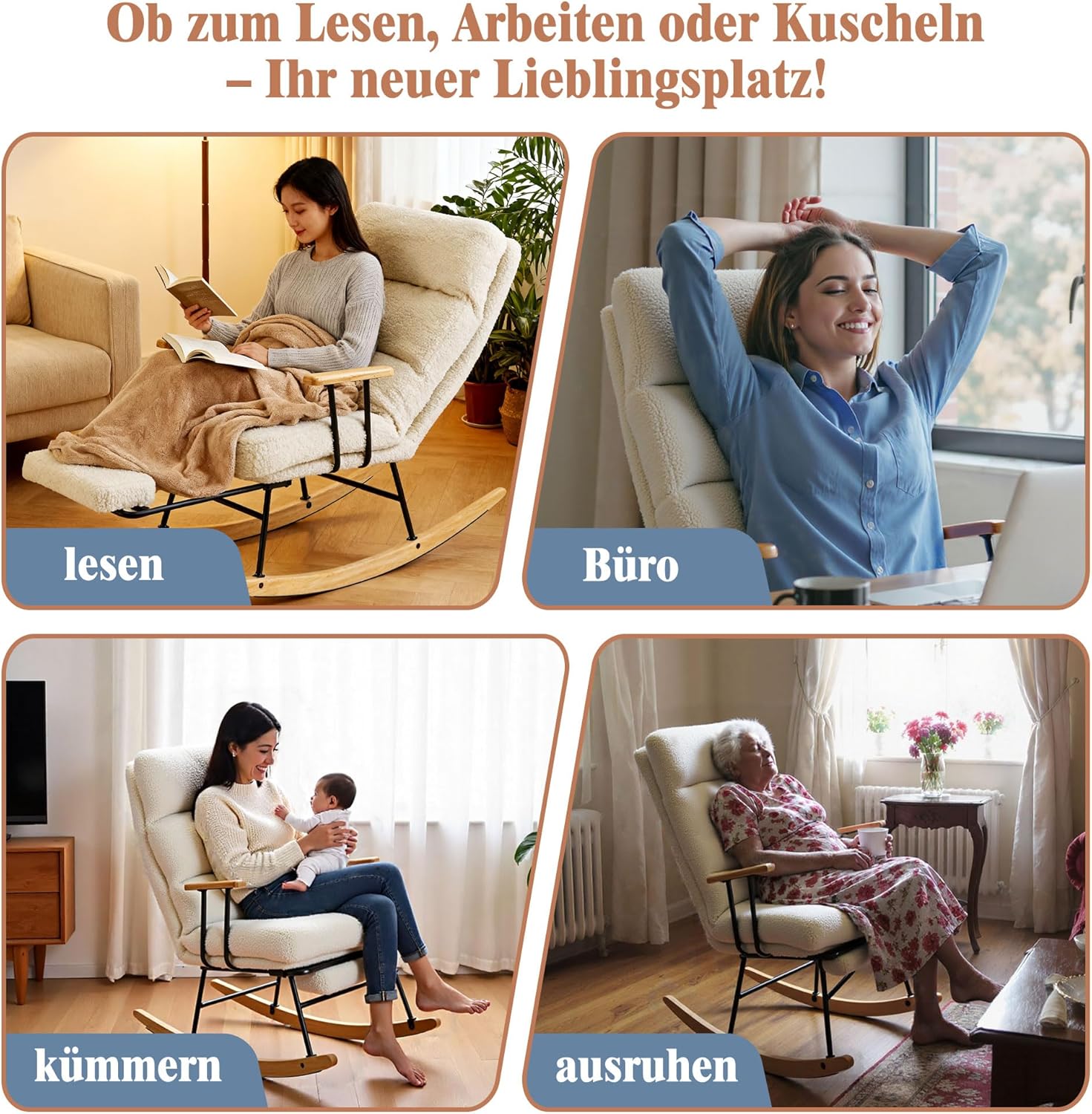 Home Nature Schaukelstuhl aus Holz, bis 150kg belastbar, Moderner Sessel mit Hoher Rückenlehne, Armlehnen & rutschfesten Füßen, für Wohnzimmer, Outdoor (Beige mit Fußstütze)
