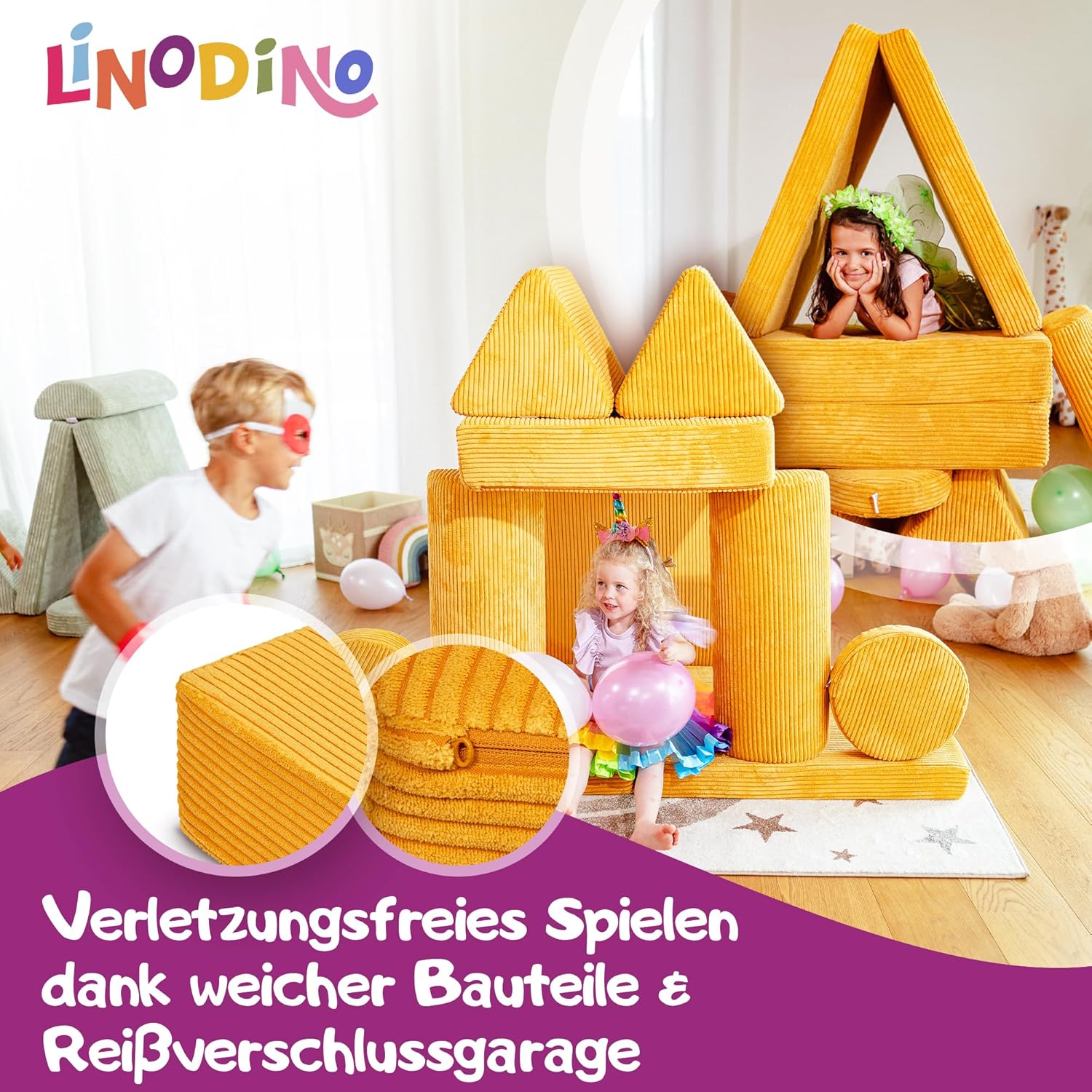 Linodino® Spielsofa Cord Fantasiewelt, Kindersofa-Bausteine - Stapelsteine für Kinder - Kindercouch, Sofa-Kuschelecke | Schaumstoff-Softbausteine | Oeko-TEX 100 Zertifiziert | Gänseblümchen Gelb