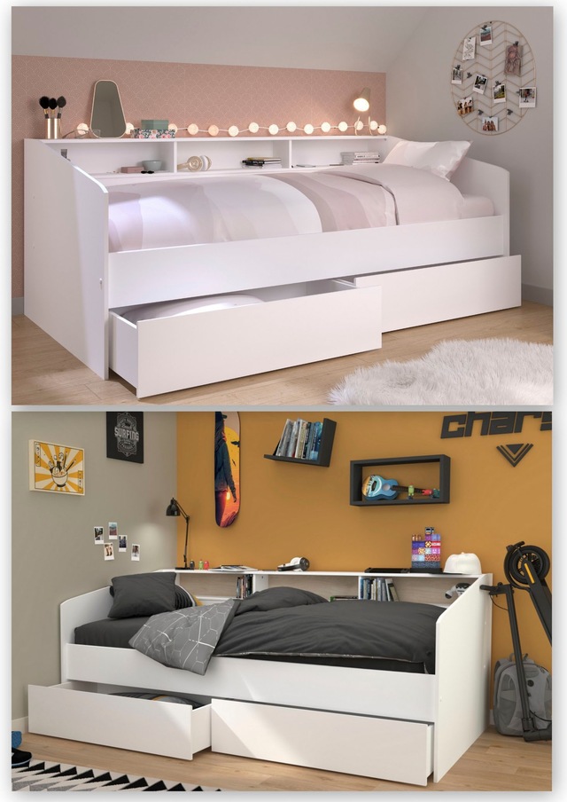 Parisot Stauraumbett »Sleep, Daybed, Kinderbett, Rückwand der Regale drehbar (farbig + weiss)« inklusive, Regale, Schubkästen, viel Stauraum, TOPSELLLER!