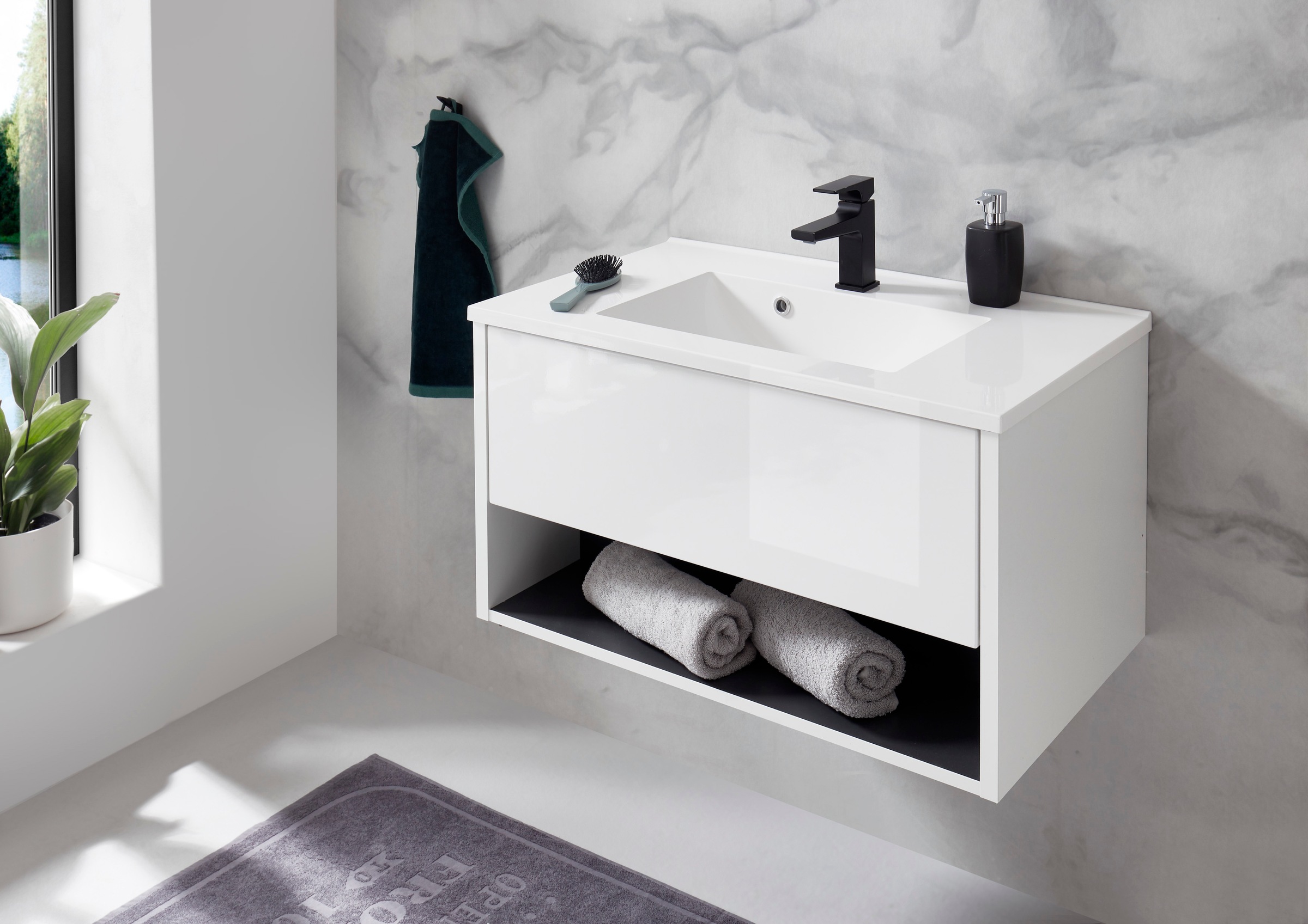 PLACES OF STYLE Waschtisch »Studio Line, Waschtisch inkl. Waschbecken, modernes Design« in zwei Farben verfügbar, ausreichend Stauraum