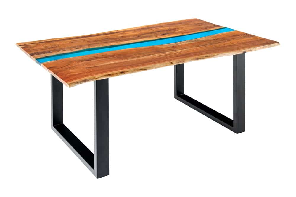 Massiver Esstisch LIQUID 160cm braun Akazienholz Baumkante schwarz Eisen blau
