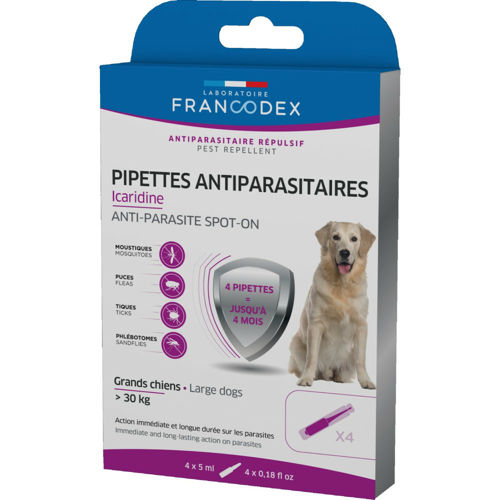 4 pipettes antiparasitaires icaridine pour chien plus de 30 kg