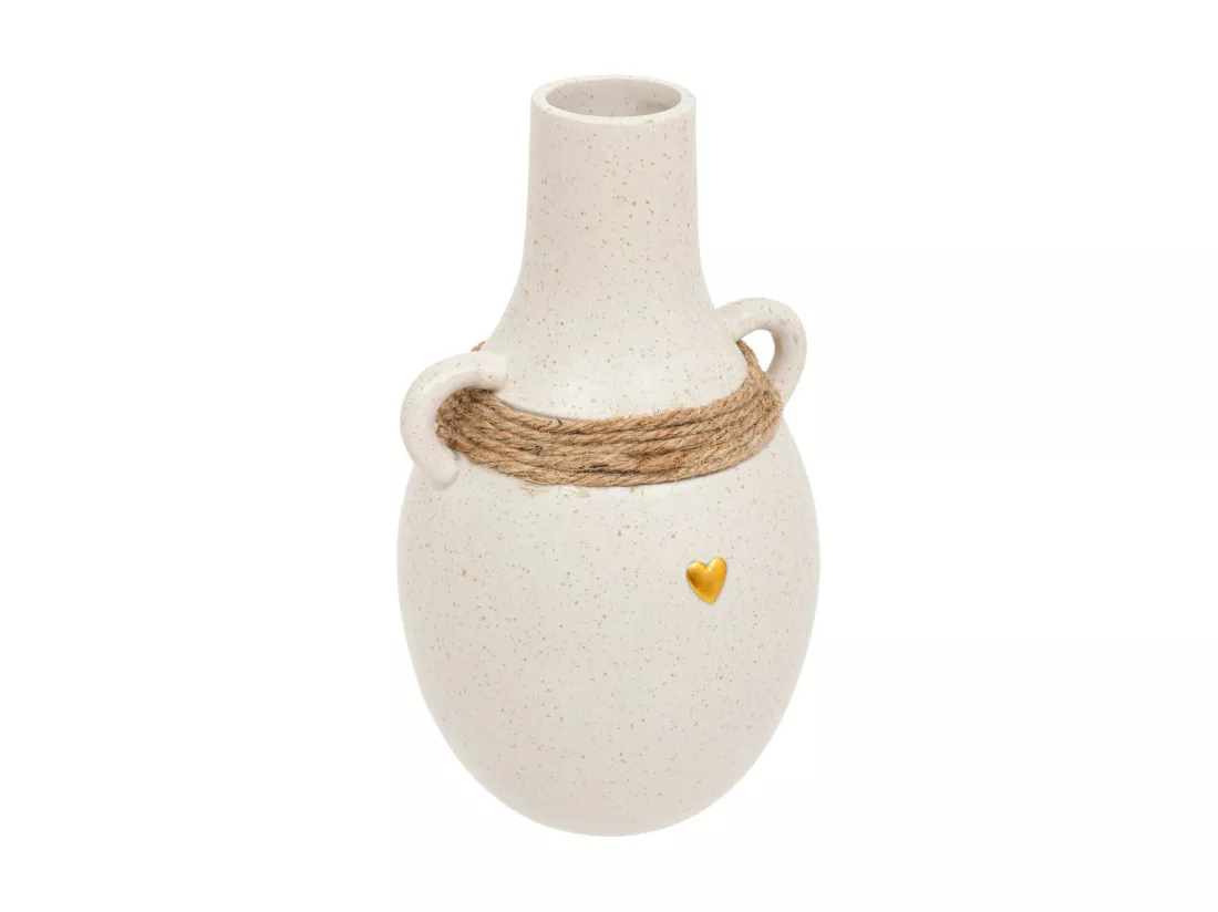 Vase Blanc en céramique sablé avec Coeur doré et corde en Jute H 22 cm