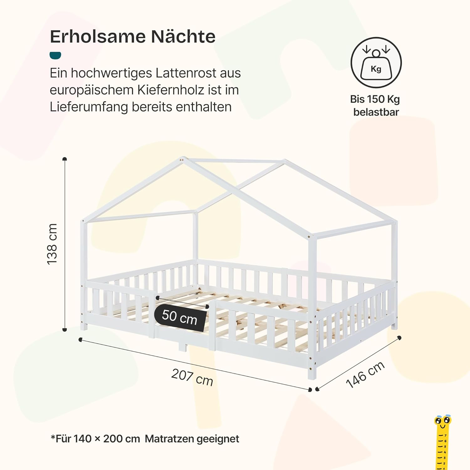 [en.casa] Kinderbett Treviolo Hausbett 140 x 200 cm Holzbett für Kinder mit Rausfallschutz Montessori Bettgestell mit Lattenrost Kiefernholz Weiß