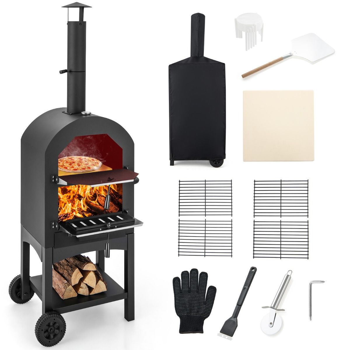 Four à Pizza Extérieur au Charbon avec Pelle à Pizza Pierre à Pizza Housse Étanche Cheminée et Thermomètre Double Noir - Lidl-Manfred