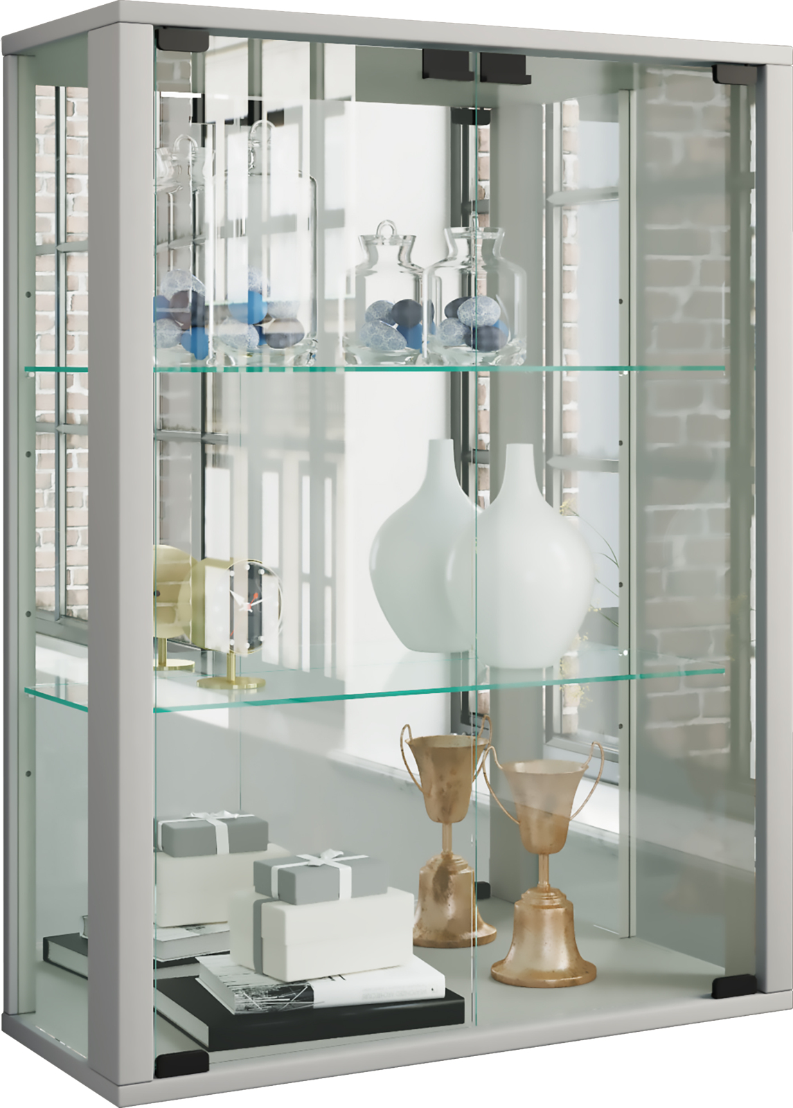 Wandvitrine UDINA - silber - Rückwandspiegel - LED-Beleuchtung