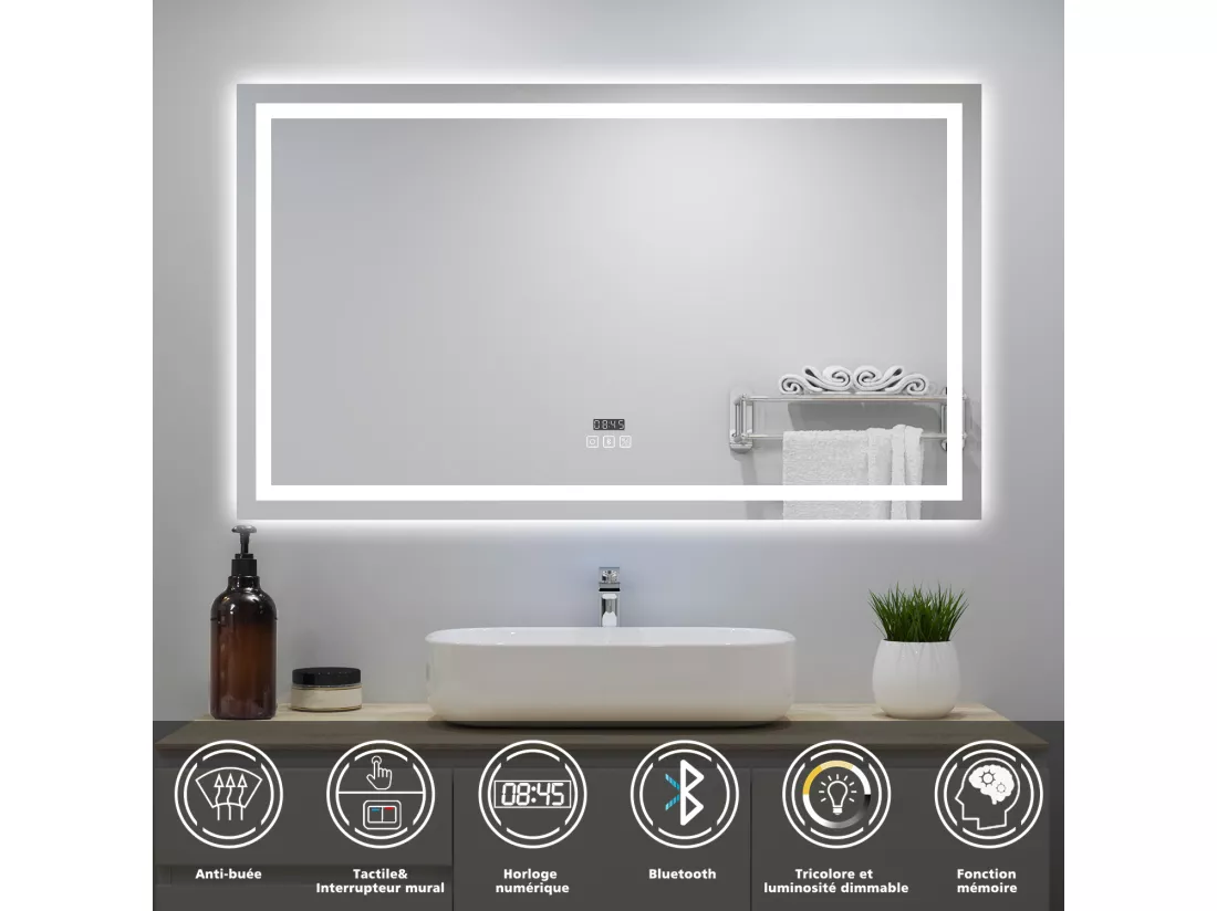 Miroir lumineux avec Bluetooth 100 x 60cm, miroir avec Horloge + 3 Couleurs + Dimmable + Anti-buée, Miroir de Salle de Bain IP44 rectangulaire