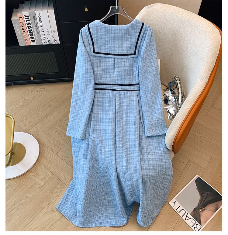 Krezol - Plus Size Lange Mouwen Matrozenkraag Contrasterende Bies Tweed Midi A-lijn Jurk