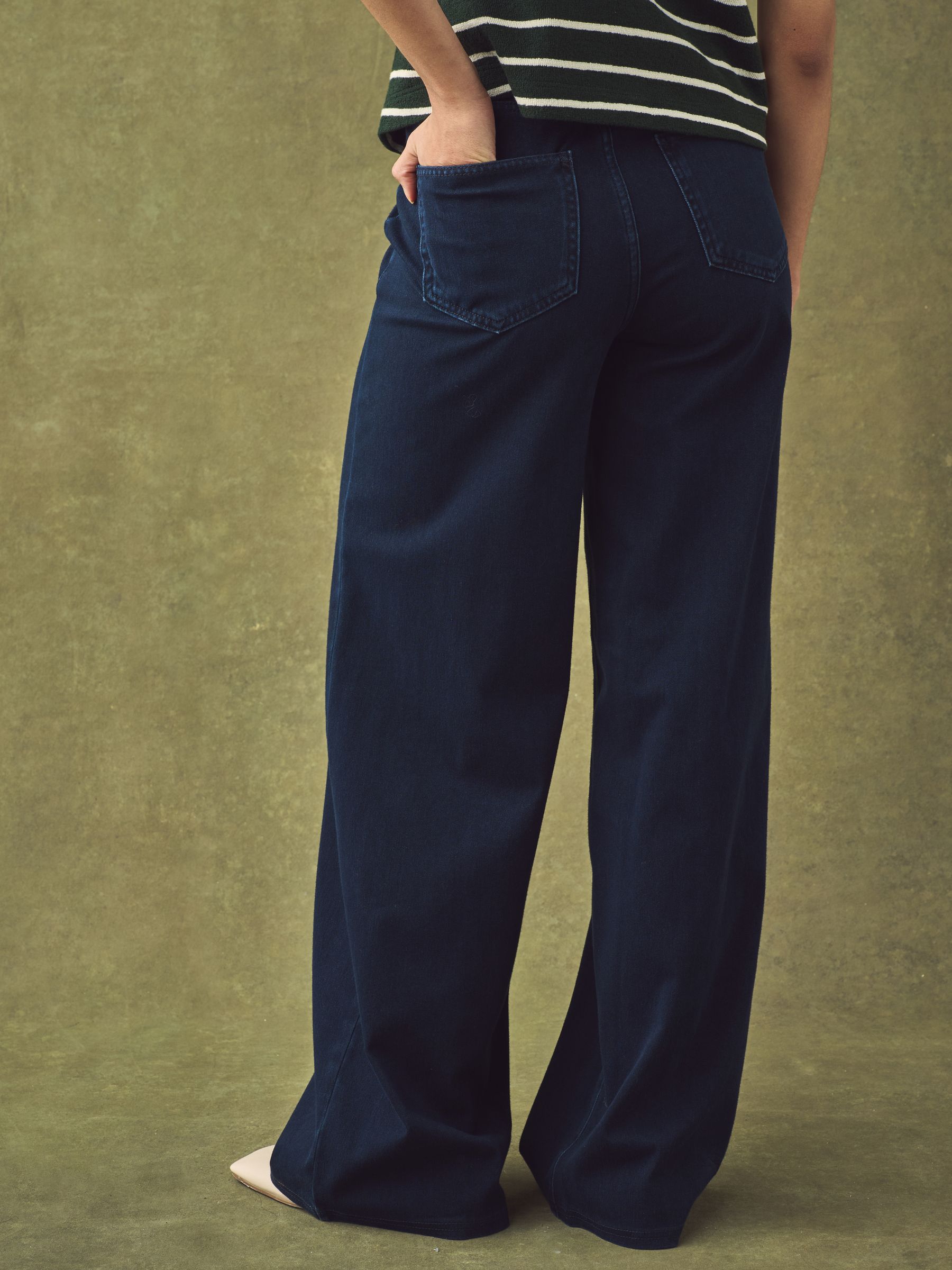 Blauw met wassing - Jersey denim broek met wijde pijpen