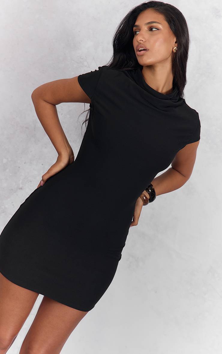 Noir Robe Moulante Mini À Col Montant En Tissu Doux