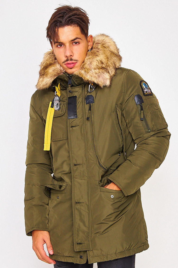 Parka longue kaki multi-poches à capuche à fourrure