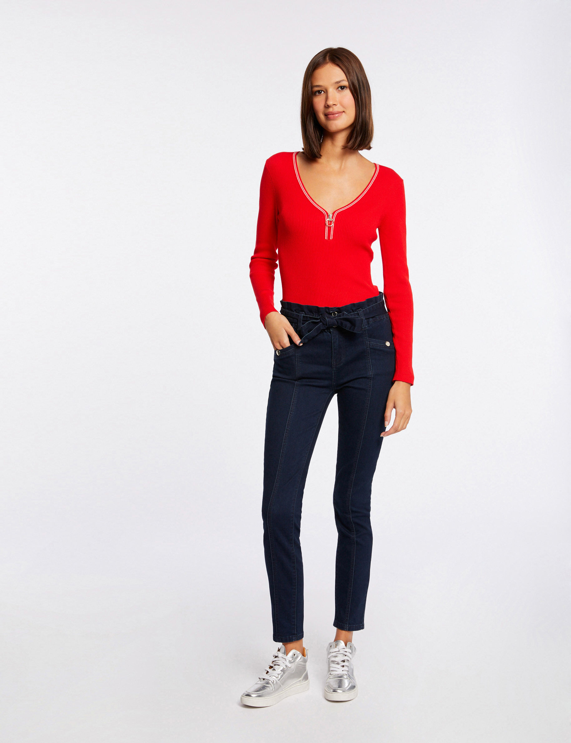 Pull manches longues à col en V rouge femme - rouge