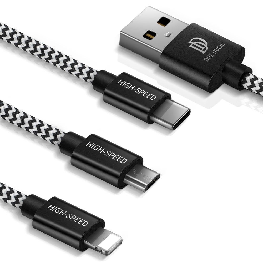 (1.25m) 3in1 USB A auf USB C / Lightning / Micro USB Nylon Ladekabel - Schwarz / Weiss