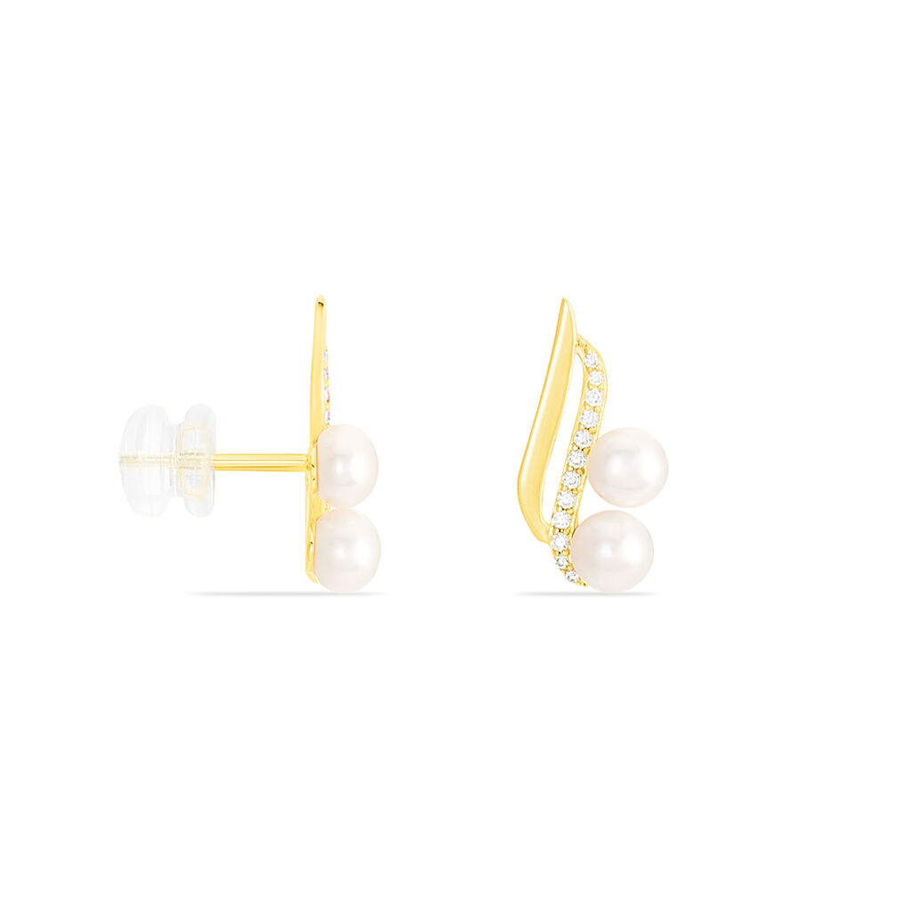 Boucles D'oreilles Puces Loeva Or Jaune Perle De Culture Et Oxyde