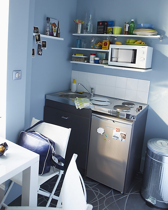 Kitchenette Silver grise, caisson + plan de travail + évier + frigo + plaque électrique