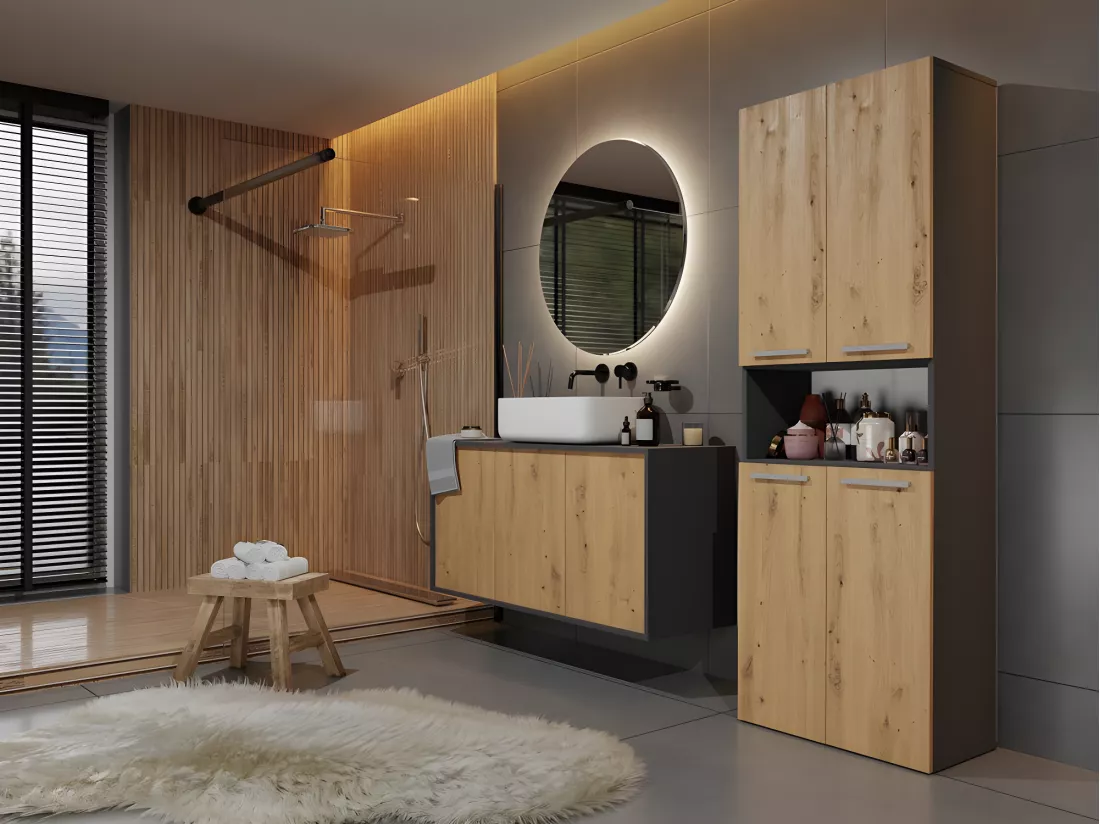GLAZE - Armoire de salle de bain avec panier à ligne - Style moderne - 174x60x30 cm - Colonne sdb
