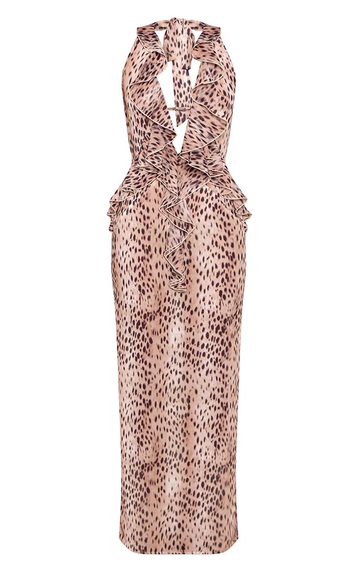 Marron Robe Longue À Imprimé Léopard En Mousseline Avec Décolleté Plongeant Et Détails À Volants