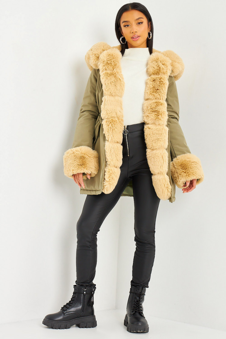 Parka kaki à fourrure beige