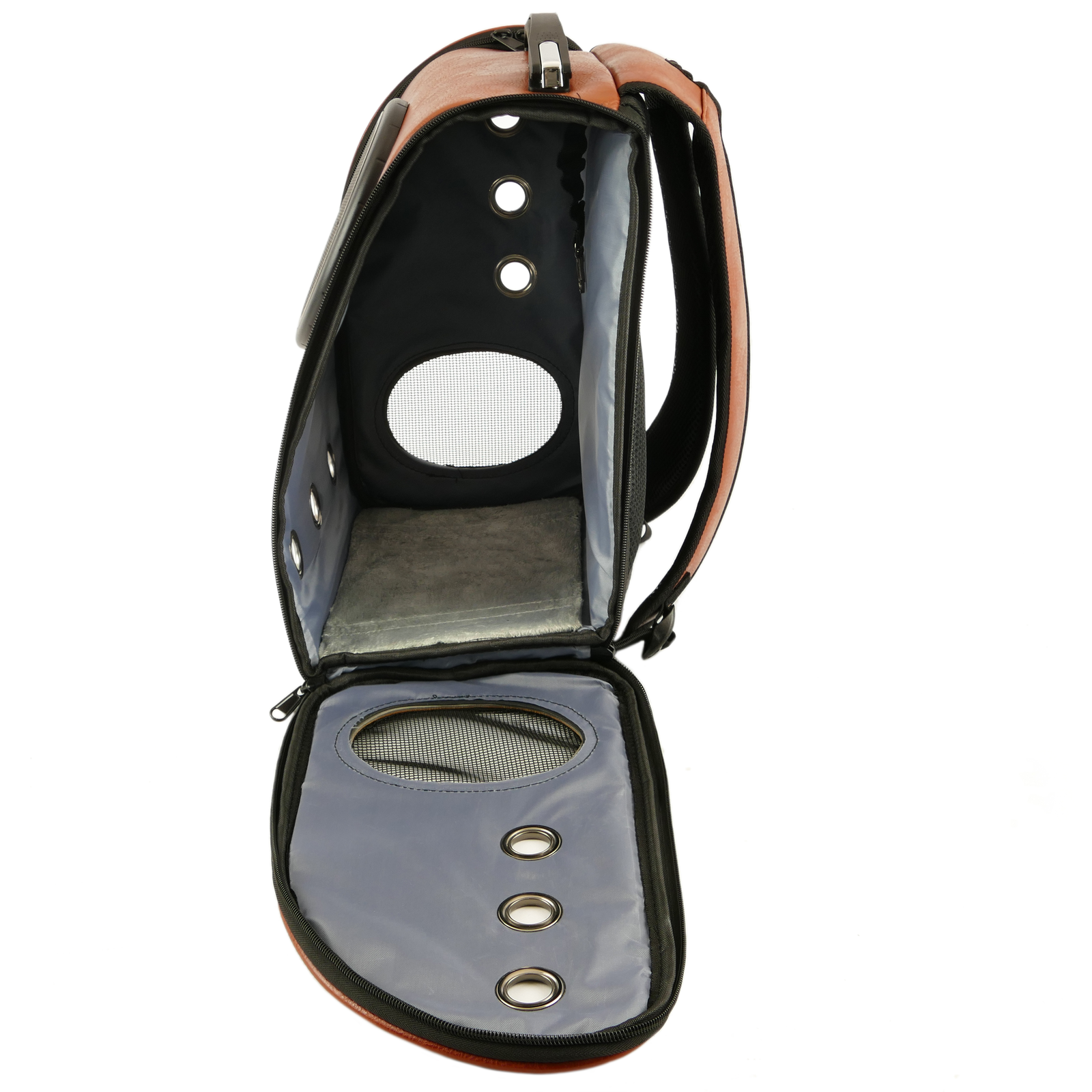 Mochila transportadora para cães e gatos, em couro sintético marrom.