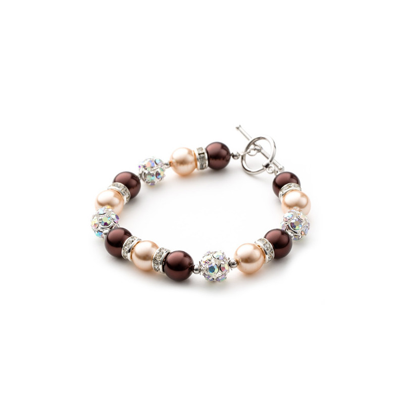 Bracelet 1 Rang en Perles Marron, Cristal et Plaqué Rhodium