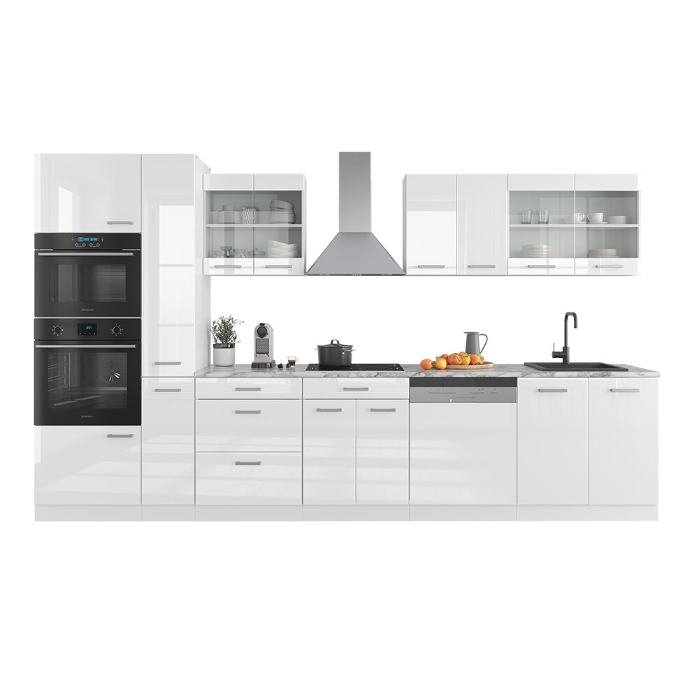 Vicco Küchenzeile Küchenblock Einbauküche R-Line 350 cm Weiß Arbeitsplatte Hochglanz