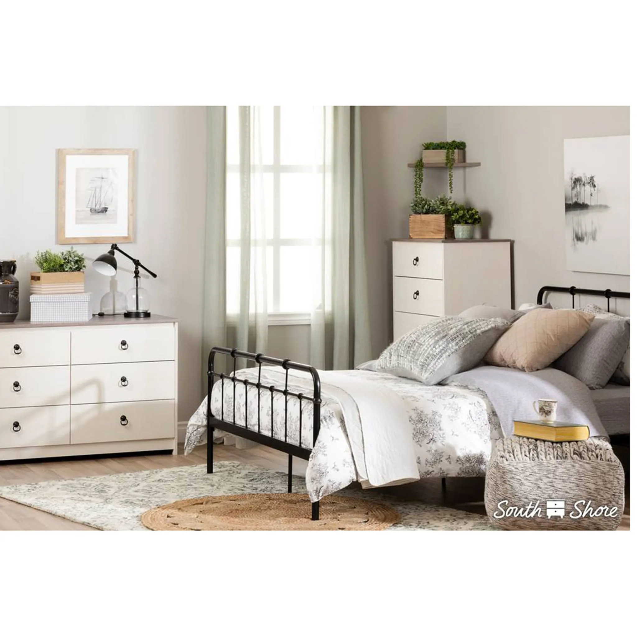 South Shore Commode Plenny de Rangement Double avec 6 Tiroirs - Blanc Antique  Chêne Rustique