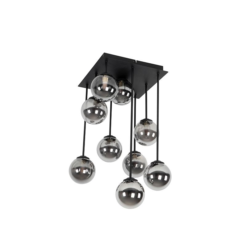 Moderne plafondlamp zwart 9-lichts met smoke glas - Athens