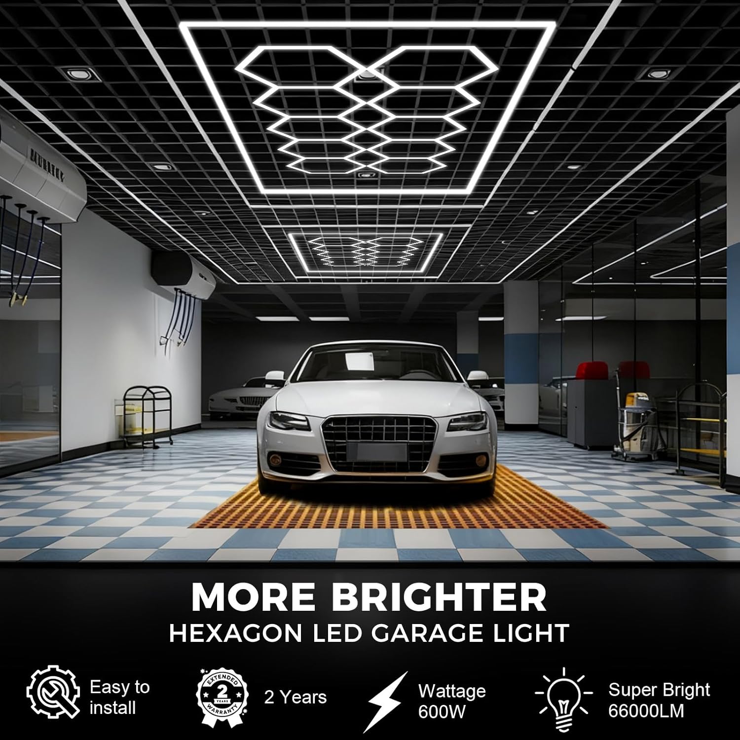 LED Hexagon Beleuchtung - 10Hex 76pcs Röhrenleuchten, 608W 6500K Superhell verknüpfbare Sechseckige Garagenleuchten LED-Deckenleuchten für Garage Werkstatt Gaming Fitnessstudio Friseur Bürobeleuchtung
