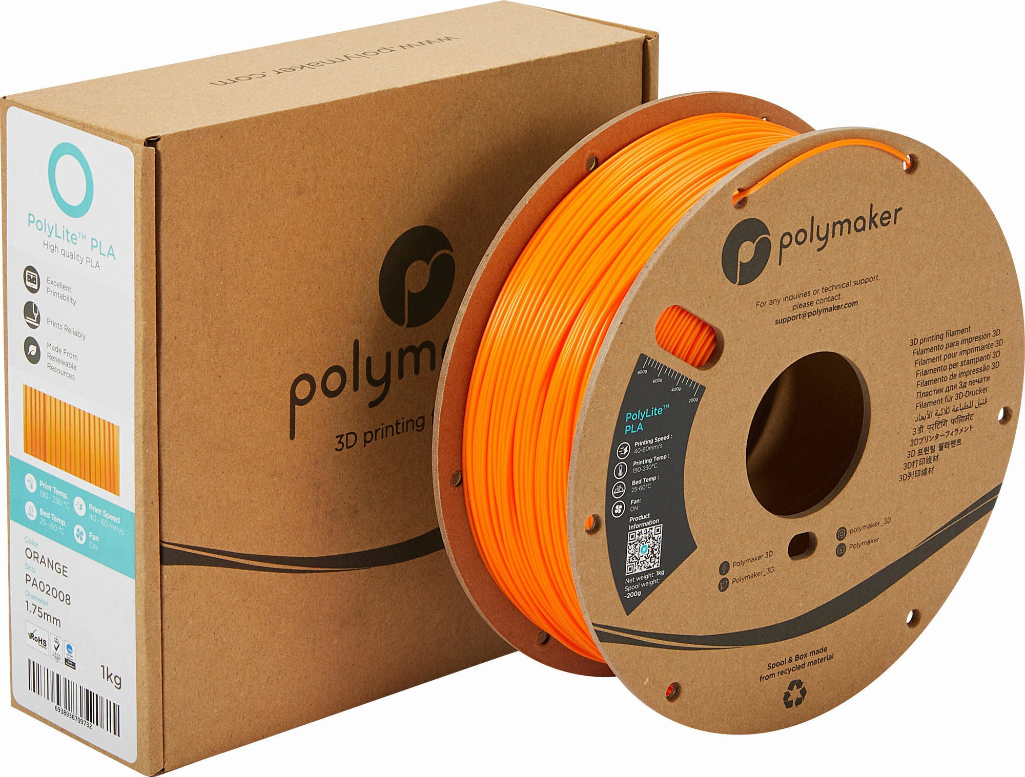 Polymaker  PolyLite PLA Orange, 1,75 mm (1.000 g)    Hochwertiges günstiges PLA von Polymaker in Orange